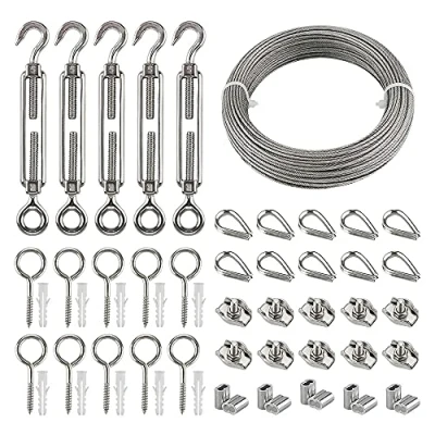 Abbildung von Drahtseil Edelstahl Rankhilfe 35m PVC Stahlseil Spannen Set mit Spannschloss M5,Ösenschraube,Seilkausche, Drahtseilklemme &amp; Alu Seilklemme für Kletterpflanze,Geländerseil,Lampe/Bilder Aufhänge