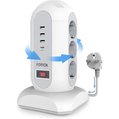 Abbildung von FDTEK Mehrfachsteckdose mit 3 USB A und 1 C Steckdosenleiste Zurückziehbar Kabel 1.65m Steckdosenturm Überspannungsschutz Steckdose Mehrfachstecker Schalter &amp; 2 Handyhalterung für Zuhause