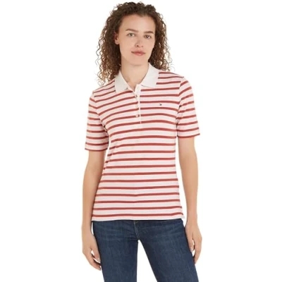 Abbildung von Tommy Hilfiger Women&#039;s 1985 REG Pique Stripe Polo SS S/S Polo, Breton STP/Ecru/Terra Red, M