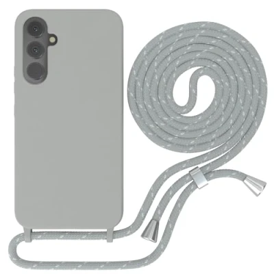Abbildung von EAZY Case Silikon mit Kette kompatibel Samsung Galaxy A54 Stoßfest Handyhülle Band, Stylische Abnehmbar Necklace als Set in Grau Riemen Hellgrau/Weiß Endstücke Silber