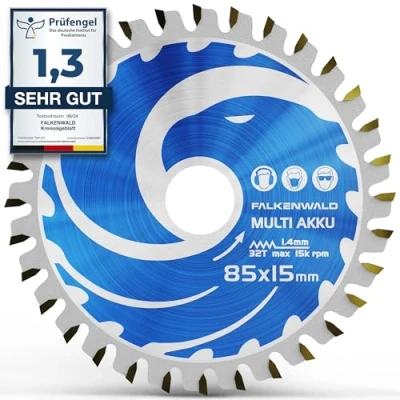 Abbildung von FALKENWALD ® Akku Sägeblatt 85x15 mm Ideal für Holz, Metall &amp; Alu Kompatibel mit Bosch GKS 12v 26 Makita Mini Handkreissäge Universal Saegeblatt 85 x 15 aus hochwertigem Hartmetall