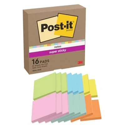 Abbildung von Post it Super Sticky Notes, Packung mit 16 Blöcken, 90 Blatt pro Block, 76 x mm, Farben: Pink, Orange, Blau, Grün, Gelb Extra stark klebende Notizzettel für To Do Listen und Erinnerungen
