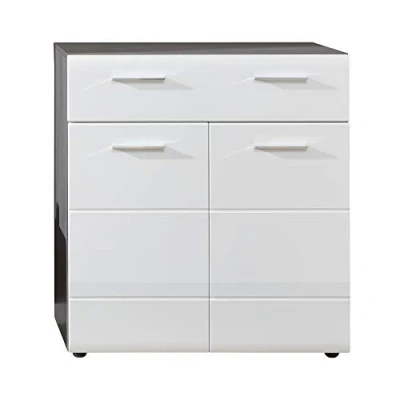 Abbildung von trendteam smart living Line Kommode Weiß Hochglanz/Grau Garderobenschrank mit moderner Fräsung (BxHxT) 80 x 87 35 cm Schuhkommode Platz für 12 Schuhpaare chromglänzende Griffe
