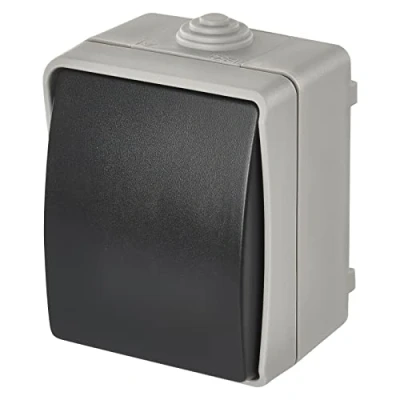 Abbildung von EMOS wasserdichter Kreuzschalter mit Wippe, grau schwarze Farbe, 250 V /10 AX, Kunststoff, Aufputz zur Wandmontage, Schutzklasse IP54 für Außen