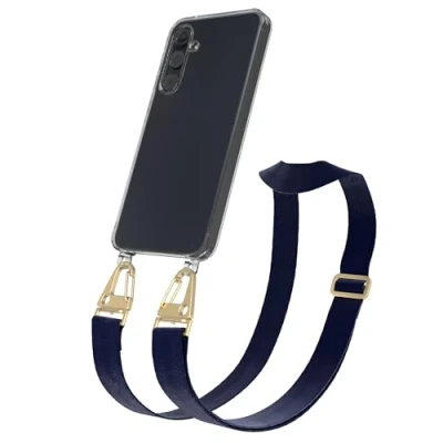 Abbildung von EAZY CASE Hülle mit Band kompatibel Samsung Galaxy A55 Handyhülle Umhängeband für Silikonhülle Transparent Schutzhülle Handykette zum Umhängen Handykordel Smartphone in Blau Gold