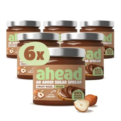 Abbildung von ahead CRAZY HAZEL VEGAN 6 x 200g Haselnusscreme Ohne Zuckerzusatz Super leckerer Schokoaufstrich mit 80% weniger Zucker* Palmöl, glutenfrei Zuckerarmer Brotaufstrich Schokocreme
