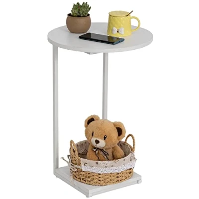 Abbildung von HDANI C förmiger Beistelltisch Runder Couchtisch Sofatisch Nachttisch Laptoptisch, Metallgestell,Holzplatte,Sofatisch für Wohnzimmer Schlafzimmer Balkon Terrasse,40x40x60cm,Weiß