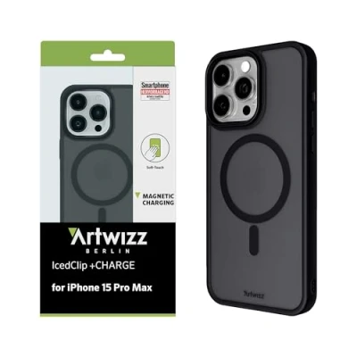 Abbildung von Artwizz IcedClip +Charge Hülle kompatibel mit iPhone 15 Pro Max Mattes Vereistes Design, Rückseite Soft Touch, Stoßfeste Schutzhülle, Night Black