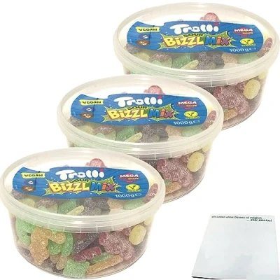Abbildung von Trolli Sour Bizzl Mix Vegan 3er Pack (3x1000g Dose) + usy Block