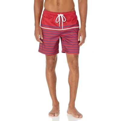 Abbildung von Amazon Essentials Herren Badehose, Schnell Trocknend, 18 cm Auslauffarben, Rot Streifen, L