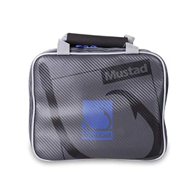 Abbildung von Mustad Rigger Tasche, wasserdichte 500 Denier Plane mit wasserabweisenden Reißverschlüssen, einhändiger Neopren Griff, grau/blau, doppelt 20 Innentaschen