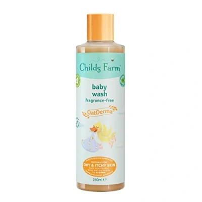 Abbildung von Childs Farm OatDerma Babywäsche parfümfrei Reinigungsqualität von Haferflocken Geeignet für Neugeborene mit trockener, juckender und zu Ekzemen neigender Haut 250 ml, klar