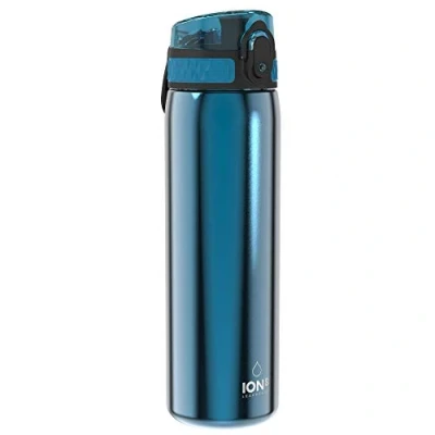 Abbildung von Ion8 Stahl Trinkflasche, 600 ml, Auslaufsicher, Einhandöffnung, Sichere Verriegelung, Spülmaschinenfest, Klappdeckel, Tragegriff, Leicht zu Reinigen, Langlebig, Metallisches Blau