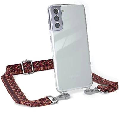 Abbildung von EAZY CASE Handykette Verstellbarer Trageriemen kompatibel mit Samsung Galaxy S21 Plus, dünner Riemen, Festivalbag transparentem Cover, zum Umhängen, Rot/Braun Verschluss Silber