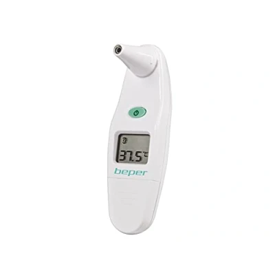 Abbildung von BEPER 40.102 Digitales Infrarot Ohrthermometer mit Schnellmessung, 15 hygienische Einweg Sensorköpfe aus Kunststoff, 1 Batterie enthalten, LCD Display