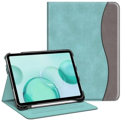 Abbildung von Fintie Hülle für iPad 10. Generation 2022 (10.9 Zoll) Multi Winkel Folio Schutzhülle mit Pencil Halter, Dokumentenfach und Auto Schlaf/Wach Funktion, Jeansoptik Türkis