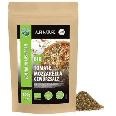 Abbildung von Bio Tomate Mozzarella Gewürz (100g), italienische Gewürzmischung, Gewürzsalz, 100% natürlich, Zutaten aus kbA, Gewürzzubereitung für Pizza, Salat, ohne künstliche Zusätze