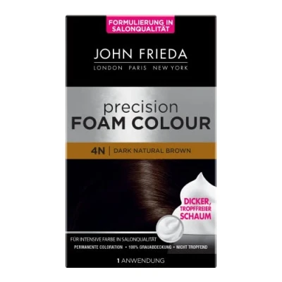 Abbildung von John Frieda Precision Foam Colour Farbe: 4N Dark Natural Brown Dunkelbraun Permanente Coloration in Schaumform Perfekte, gleichmäßige Abdeckung Für 1 Anwendung