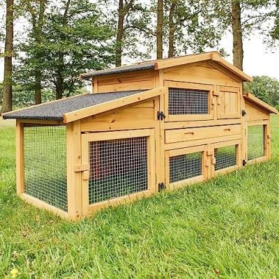 Abbildung von Zooprinz Kleintierstall Dorf Alm mit Doppelauslauf 180x72x62cm (BxHxT), Klappbares Bitumendach, Kiefernholz