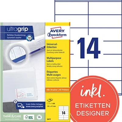 Abbildung von AVERY Zweckform 3477 Adressaufkleber (1.400 Klebeetiketten, 105x41mm auf A4, Papier matt, individuell bedruckbare Absenderetiketten, selbstklebende Adressetiketten mit ultragrip) 100 Blatt, weiß