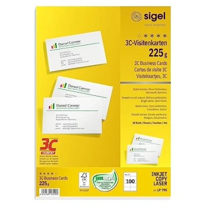 Abbildung von SIGEL LP795 bedruckbare Visitenkarten 3C, 100 Stück (10 Blatt), hochweiß, glatter Schnitt rundum, 225 g, 85x55 mm, aus nachhaltigem Papier
