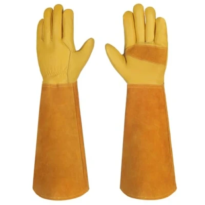 Abbildung von Velway Garten Lederhandschuh für Damen und Herren Rindsleder Dornensicher Lange Gartenhandschuhe mit Unterarmschutz zum Beschneiden von Rosen Kaktus Arbeitshandschuhe Größe 9/L Gelb