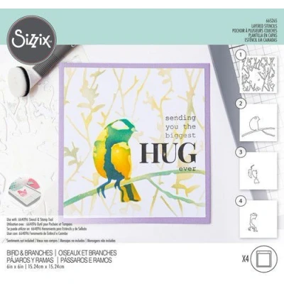 Abbildung von Sizzix mehrlagige Schablonen Vogel &amp; Zweige, 4 Stück, von Olivia Rose 665265 Kapitel 2022 Stencils, Multicolour, One Size