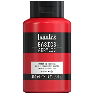 Abbildung von Liquitex 8870319 Basics Acrylfarbe, monopigmentierte Künstlerpigmente, lichtecht, mittlere Viskosität, Archivqualität, seidenglänzender Finish, 400ml Flasche Kadmiummiumrot mittel Farbton