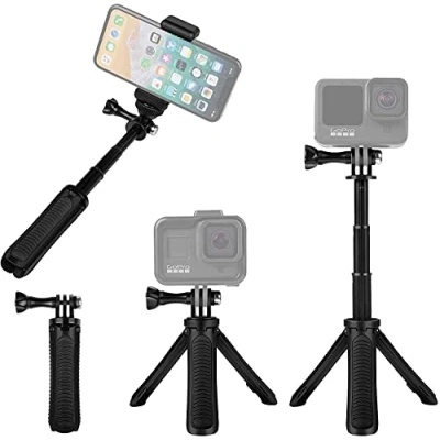 Abbildung von Taisioner Mini Selfie Stick Stativ Kit Zwei in Einem Kompatibel mit GoPro AKASO Action Kamera und Handy Zubehör Kinder Erwachsene