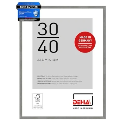 Abbildung von DEHA Design Bilderrahmen, 30 x 40 cm, Aluminium, Grau matt, Fotorahmen zum Aufhängen im Hoch &amp; Querformat, bruchsicheres Kunstglas, Tribeca