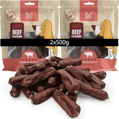 Abbildung von MERSJO Hundeleckerlis Premium Rindfleischwürste für Hunde, 2x500g, Glutenfrei, 90% Rindfleisch, Luftgetrocknet