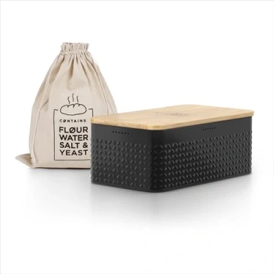 Abbildung von LARS NYSØM Brotkasten Glæde, Edelstahl, Metallbrotbox mit Brotsack und Bambusschneidebrett