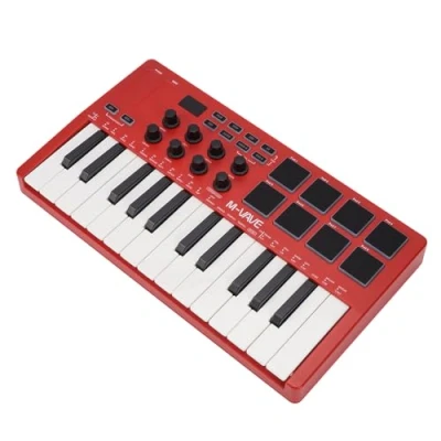 Abbildung von M VAVE SMK 25RD 25 Tasten USB MIDI Keyboard Controller mit 8 hintergrundbeleuchteten Drum Pads, Bluetooth, Tasten, professionelle dynamische Rot ​