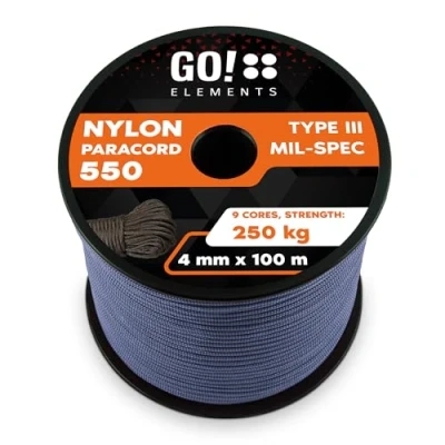 Abbildung von GO!elements 100m Paracord Seil aus reißfester Nylonschnur 4mm 550 Typ III Schnur geeignet als Allzweckseil &amp; Reepschnur Max. 250kg, Farbe: Grau Blau