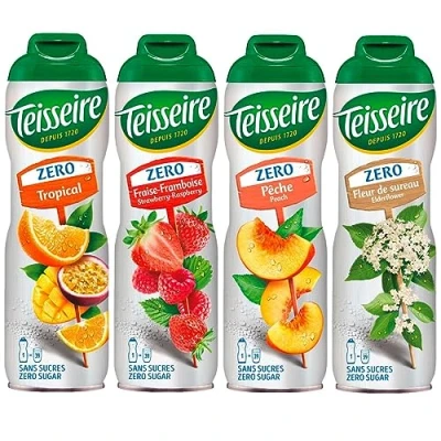 Abbildung von Teisseire Sirup Zero Holunderblüte, Pfirsich, Erdeere Himbeer, Tropical je 600ml