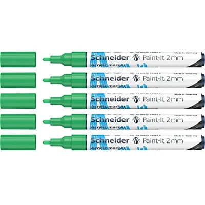 Abbildung von Schneider 120104 Paint It Acrylstifte (mit 2 mm Rundspitze, hochdeckende Acrylfarben für Holz, Leinwand, Stein uvm.) 5er Pack, grün