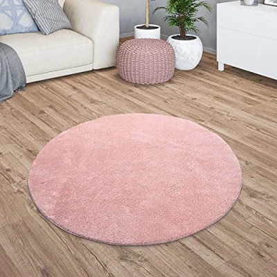 Abbildung von TT Home Teppich Wohnzimmer Kurzflor Anti Rutsch Rückseite Einfarbiges Design Waschbar, Farbe: Rose, Größe:200 cm Rund