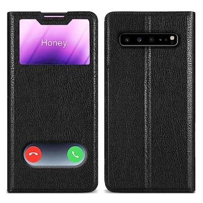 Abbildung von Cadorabo Hülle kompatibel mit Samsung Galaxy S10 5G in KOMETEN SCHWARZ Schutzhülle Magnetverschluss, Standfunktion und 2 Sichtfenstern