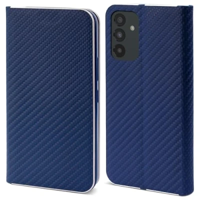 Abbildung von Moozy Hülle für Samsung A54 5G, Dunkelblau Carbon Metallischer Kantenschutz Klapphülle Handyhülle mit Kartenfach und Standfunktion