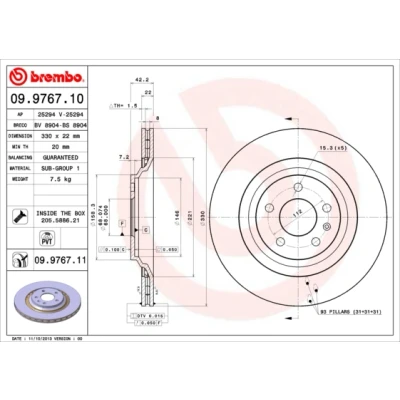 Abbildung von BREMBO COATED DISC LINE 09.9767.11 Bremsscheibe 330 22 5 innenbelüftet beschichtet mit Schrauben AUDI: A6 C6 Allroad, Avant, Limousine