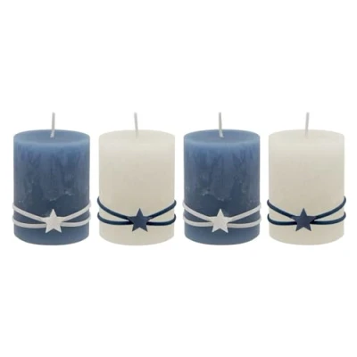 Abbildung von ZauberDeko Adventskerzen Rustic Stumpenkerzen Blau Creme Stern Holz Weihnachten Deko 4 Stück