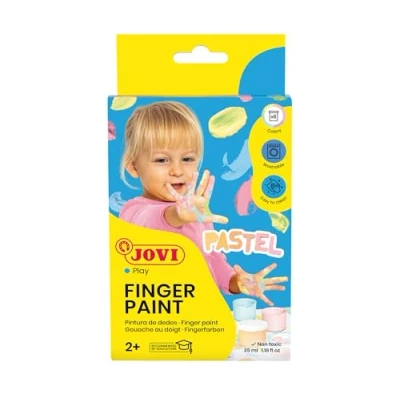Abbildung von Jovi Fingerfarbe für Kinder ab 2 Jahren, gute Deckkraft, cremige Konsistenz, unbedenkliche Inhaltsstoffe, 6 Pastellfarben je 35 ml, sortiert