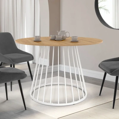 Abbildung von Runder Esstisch YUNA für 6 Personen mit Holzplatte und weißem Metallfuß 110 cm IDMarket
