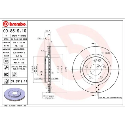 Abbildung von BREMBO COATED DISC LINE 09.8519.11 Bremsscheibe 276 22 5 innenbelüftet beschichtet hochgekohlt mit Schrauben MERCEDES BENZ: A Klasse