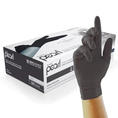 Abbildung von UNIGLOVES Black Pearl Nitril Untersuchungshandschuhe vielseitig einsetzbar, puderfreie und latexfreie Einweghandschuhe Box mit 100 Handschuhen, Schwarz, Extra groß (GP0035)