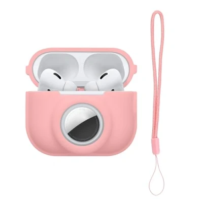 Abbildung von kwmobile 2 in1 Hülle kompatibel mit Apple Airpods Pro und AirTag Kopfhörer Case Weiches Silikon Cover Schutzhülle Karabiner Altrosa