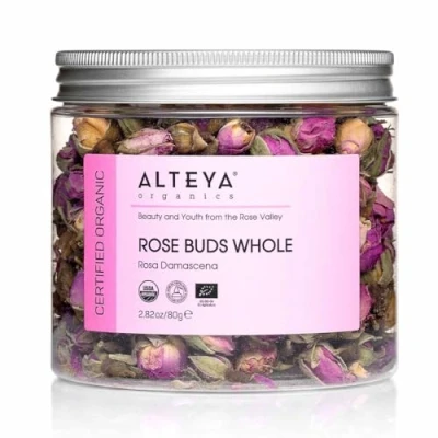 Abbildung von Alteya Organics Rosenknospen Tee 80gr 100% USDA Bio zertifiziert Biokräutertee handgepflückt und direkt vom Rosenanbauer verkauft