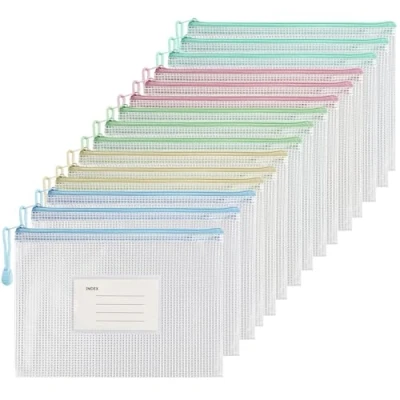 Abbildung von 15 Stück Dokumententasche mit Reißverschluss A5, Macaron Bunte Document Taschen, Mesh Kunststoff Reißverschlusstasche für Dokumente, Quittung, Papier, Schule, Zuhause, Kosmetik, Reise (5 Farben)