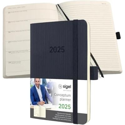 Abbildung von SIGEL C2525 Terminplaner Wochennotiz Kalender 2025, ca. A6, schwarz, Softcover, 176 Seiten, Gummiband, Stiftschlaufe, Archivtasche, aus nachhaltigem Papier, Conceptum
