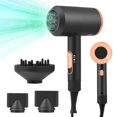 Abbildung von Haartrockner Ionen, Euakee 2000 W Professioneller Haartrockner, Schnelltrocknen Hair Dryer, Reisehaartrockner, 2 Geschwindigkeits und 3 Hitzeeinstellungen, 1 Diffusor &amp; Konzentratoren（Gold）